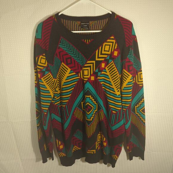 Empyre Large Sweater Mens Multicolor Geometric Retro Pattern Knit Streetwear - Picture 1 of 4